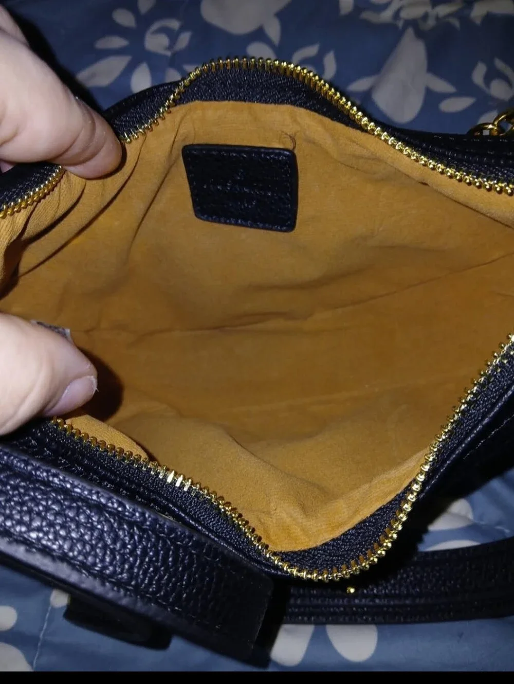 Black Leather Crescent Shoulder Bag with Gold Chain